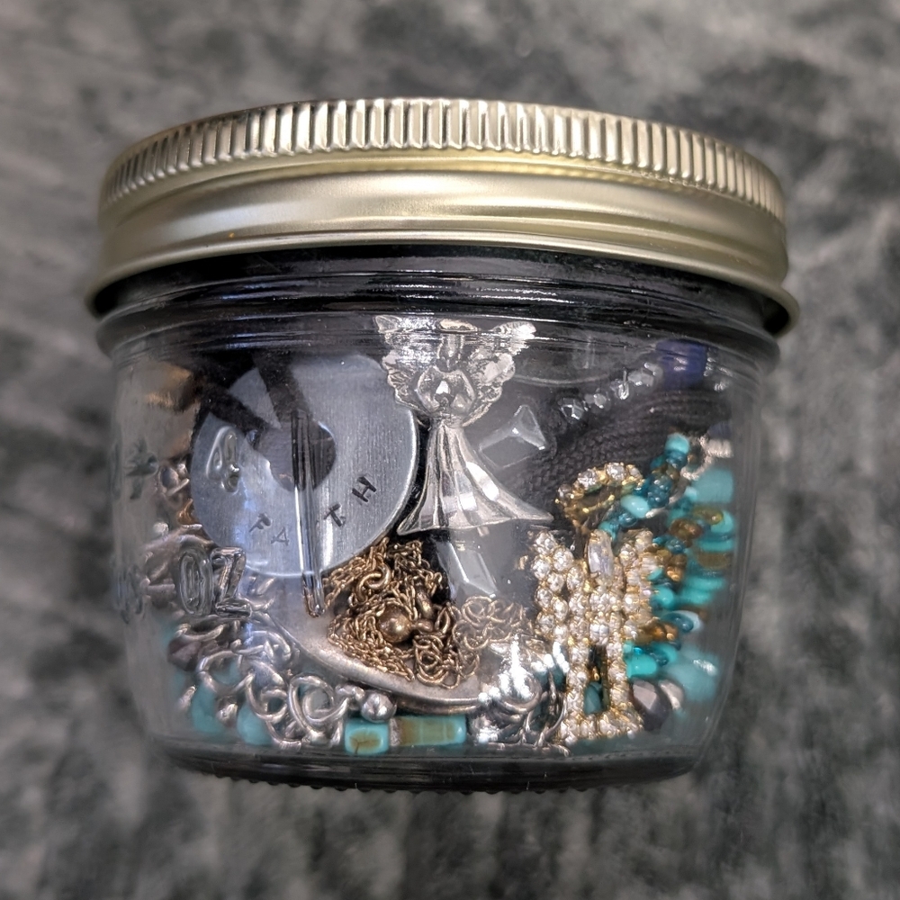 Mystery Jewelry Jar Lot 8 Oz Half Pint Godly Religious Jesus Theme Mixed Variety